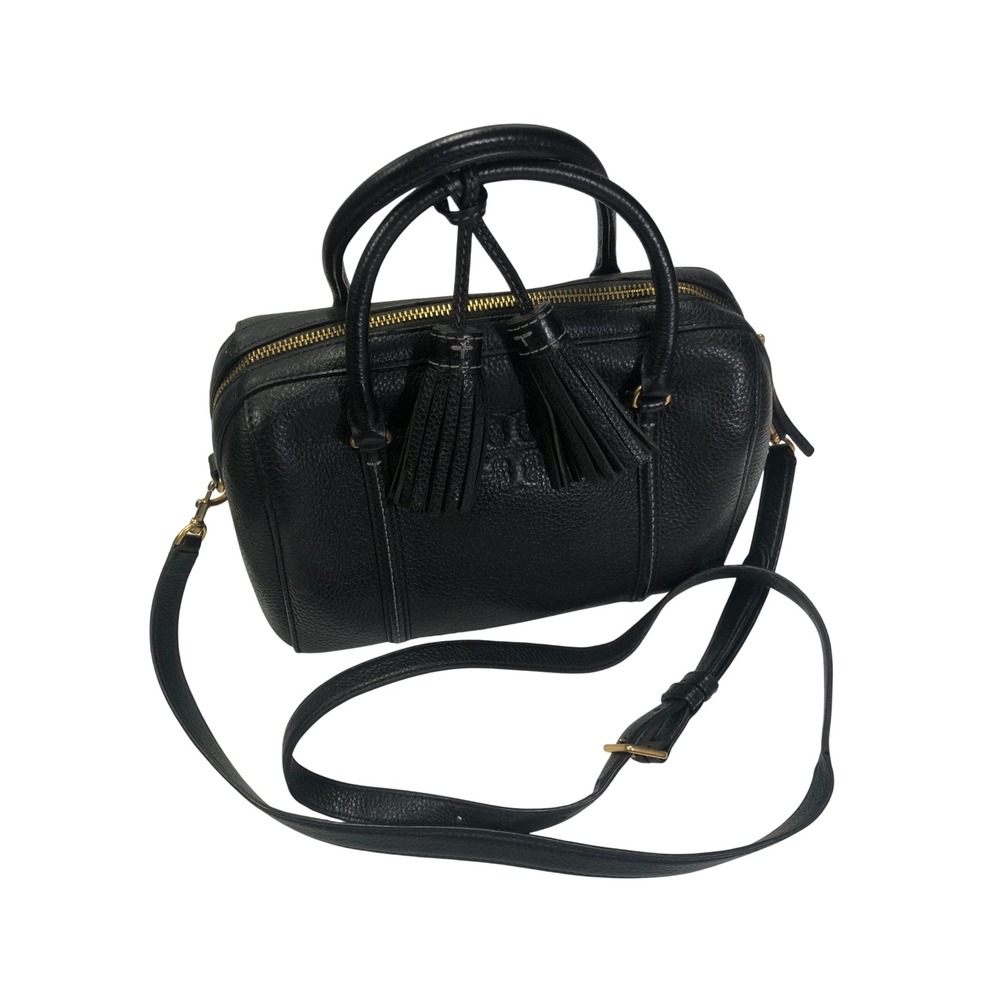 Tory Burch Thea Satchel Black Pebbled Leather Tassel Crossbody Bag Gold Hardware